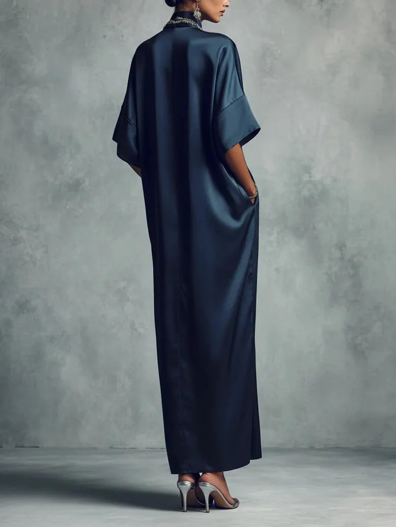 Navy Blue Stand-up Collar Button-down Maxi Dress