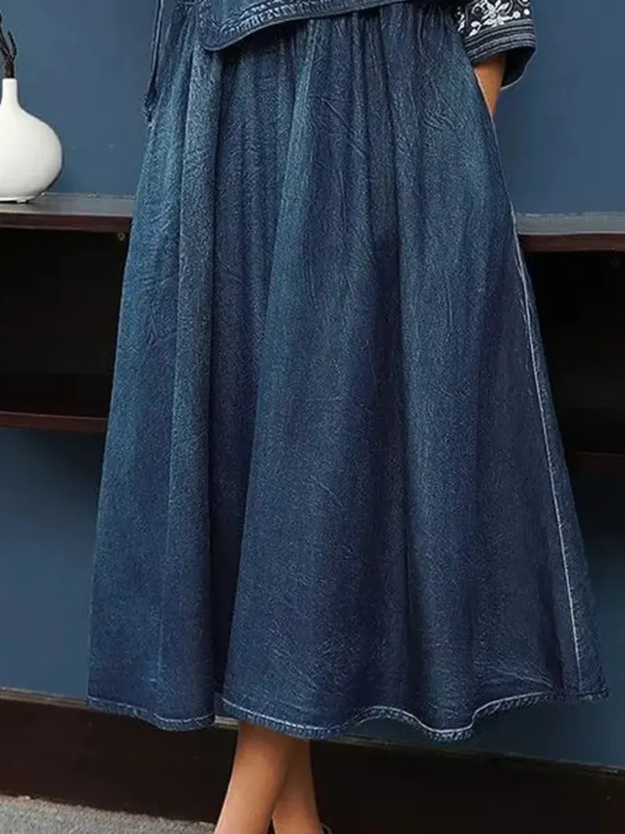 Women's Retro Ethnic Art Casual V-Neck Denim Top & Skirt Set