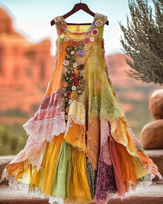 Vintage Floral Embroidery Lace Patchwork Dress a9a1