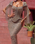 Silver Floral Rhinestone Mermaid Evening Gown, Sweetheart Square Neck Cape Fringe Sheer Mesh Formal Maxi Dress