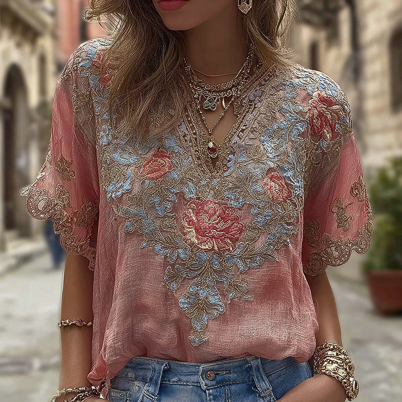 Women's Rose Floral Embroidered Casual V-neck T-shirt