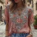 Women's Rose Floral Embroidered Casual V-neck T-shirt