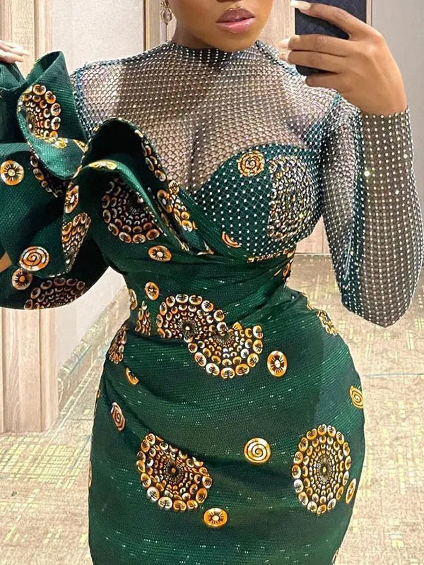 Elegant Long Sleeve Floral Printed Falbala Mesh Wrap Maxi Dress