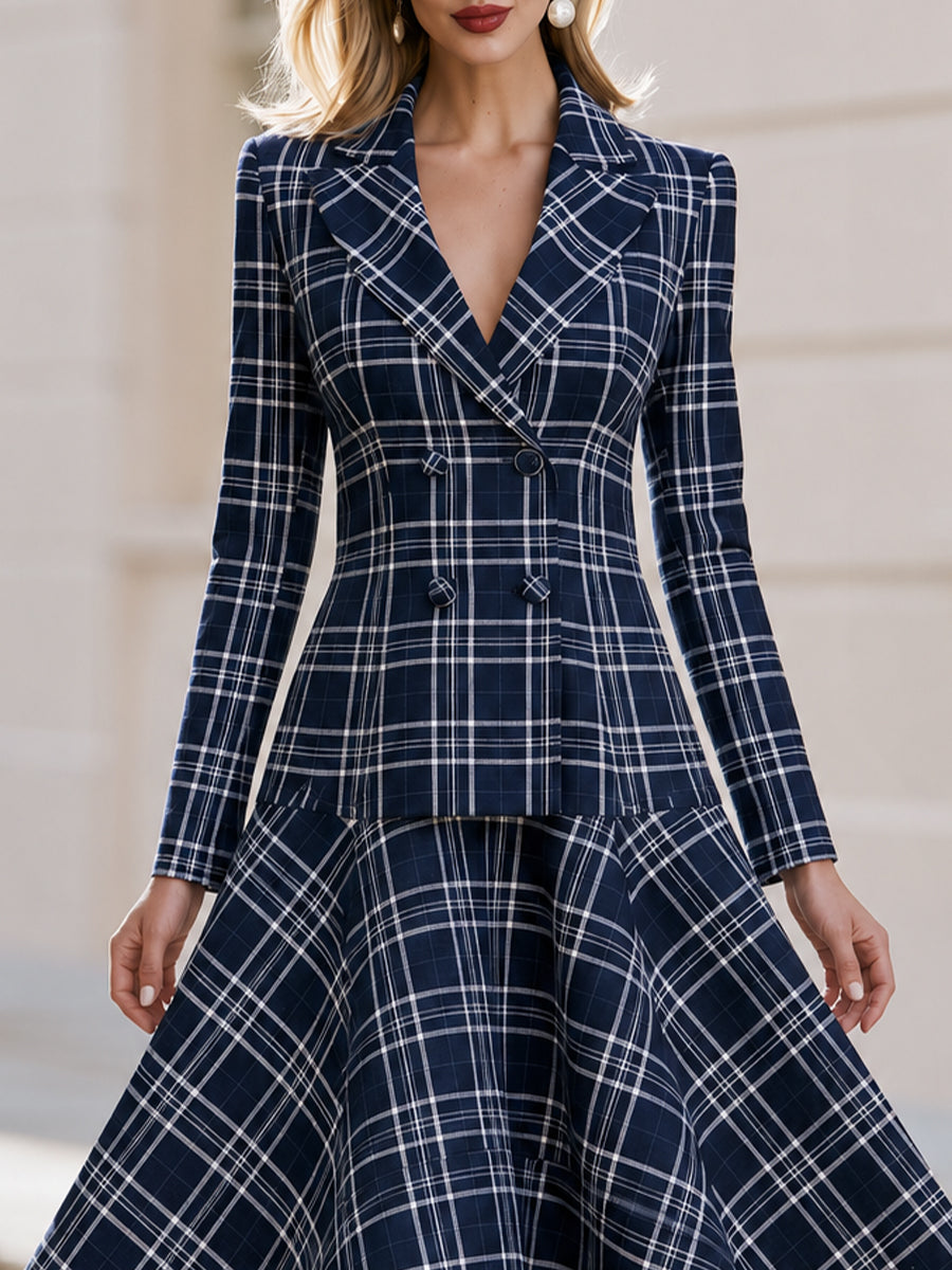 Notched Lapel Double Breasted  Plaid Long Sleeve Fit & Flare Midi Dress