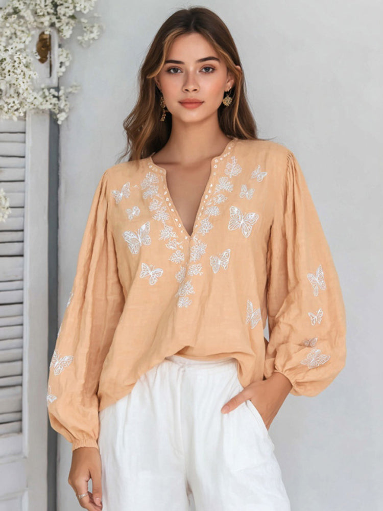 Women's Floral And Butterfly Pattern Linen V-neck T-shirt