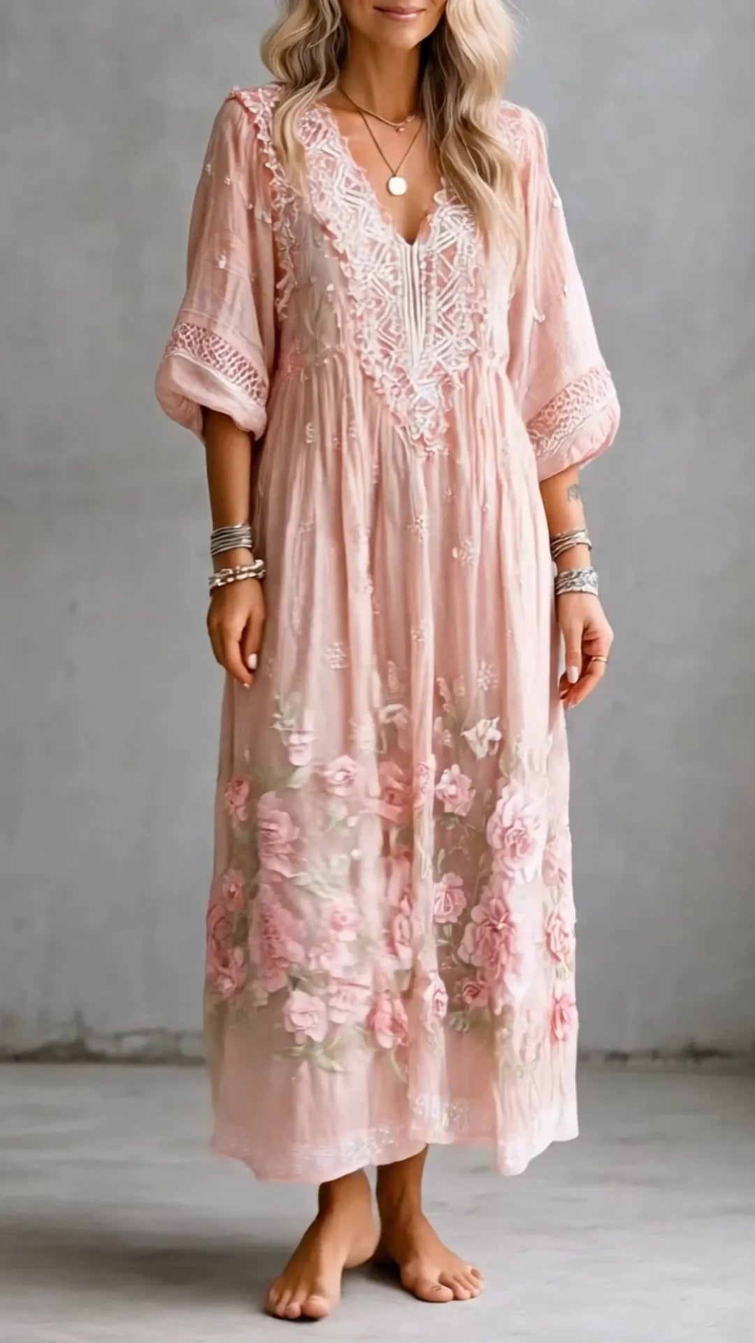 Pink 3D Embroidered Lace V-Neck Long Dress