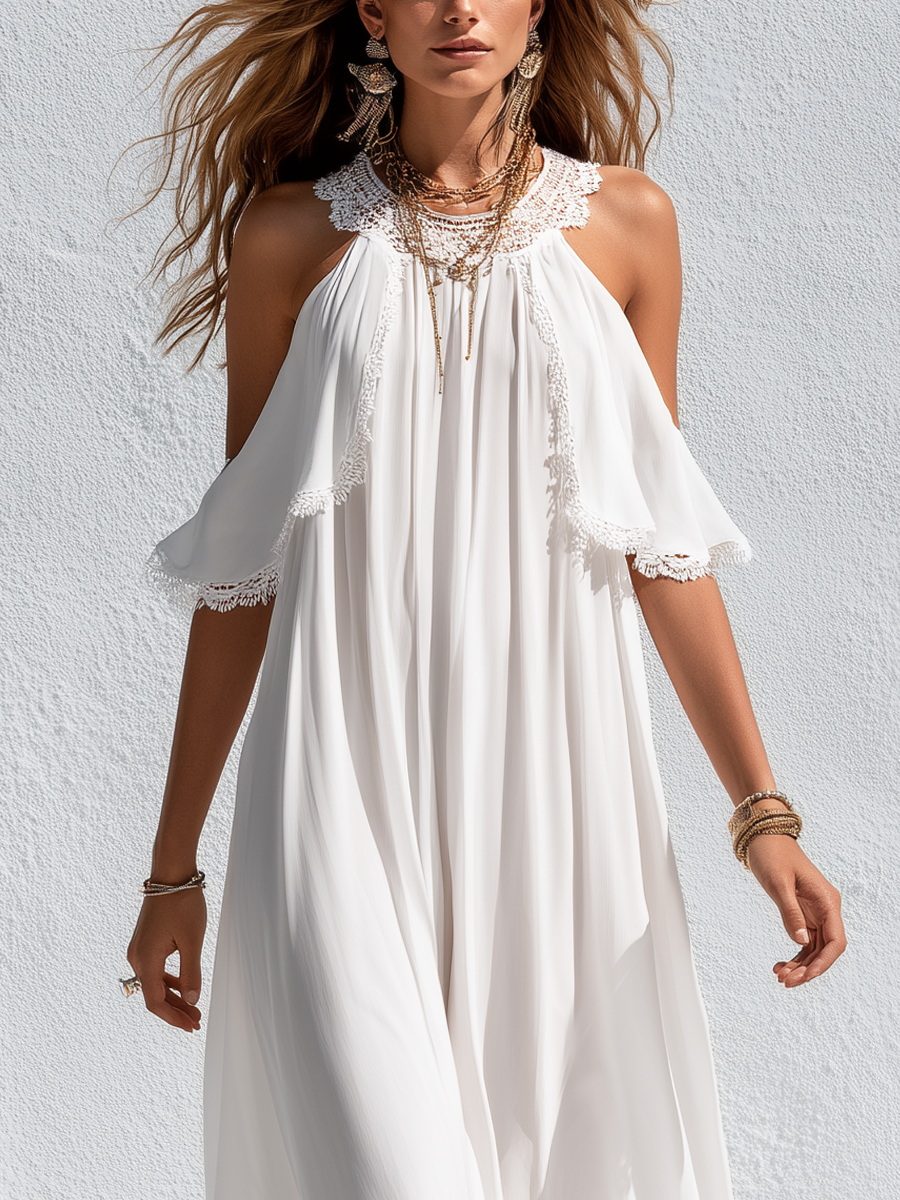 Bohemian White Lace Trimmed Flowing Maxi Dress
