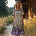 Vintage Floral Embroidery Short Sleeve Midi Dress