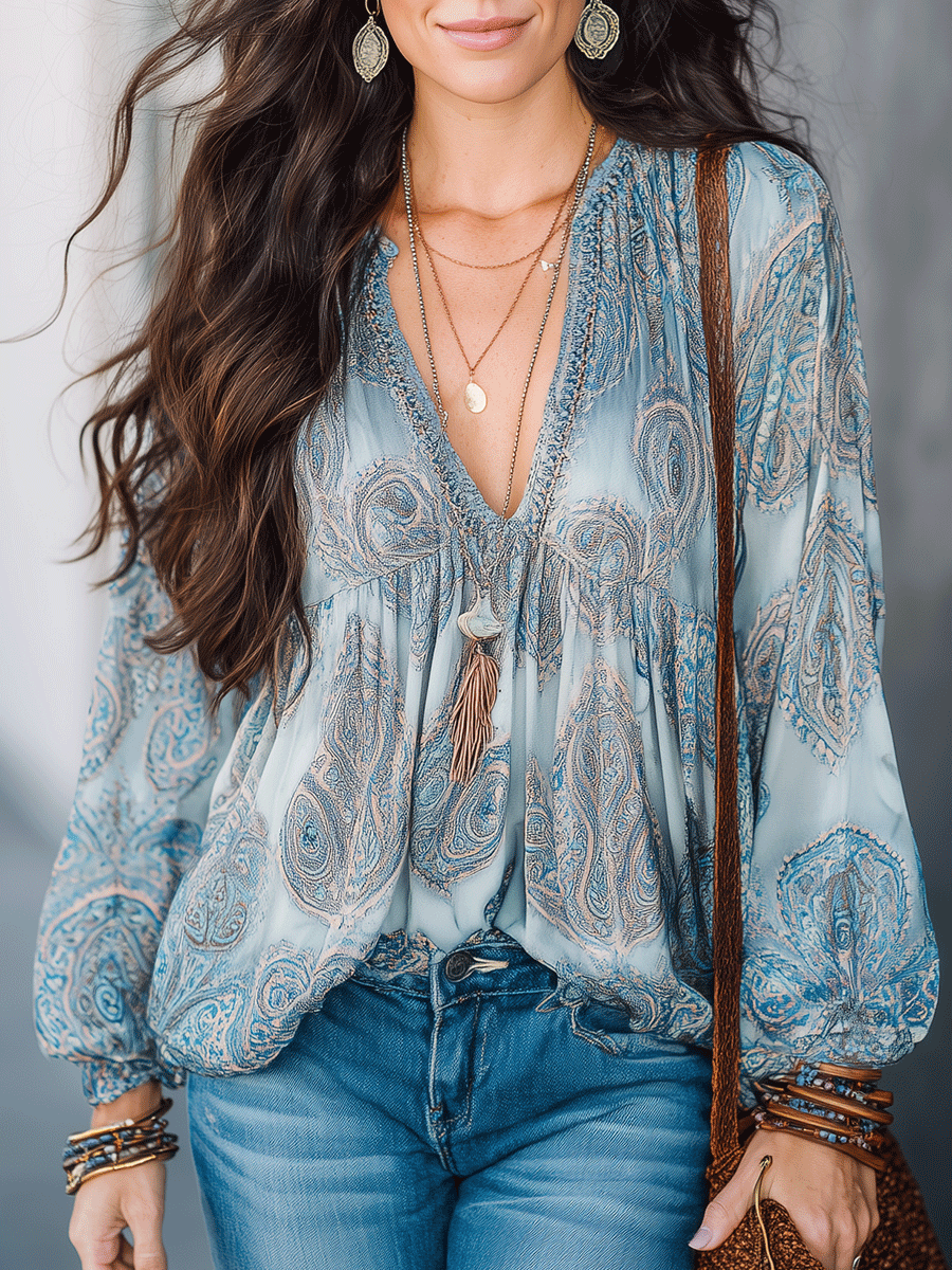 Boho Paisley V-Neck Ruched Bust Relaxed Fit Flowy Blouse