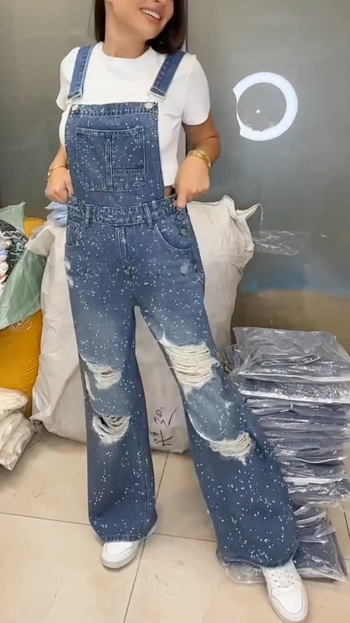Women's Casual Denim Overalls with Rhinestone Accents and Distressing