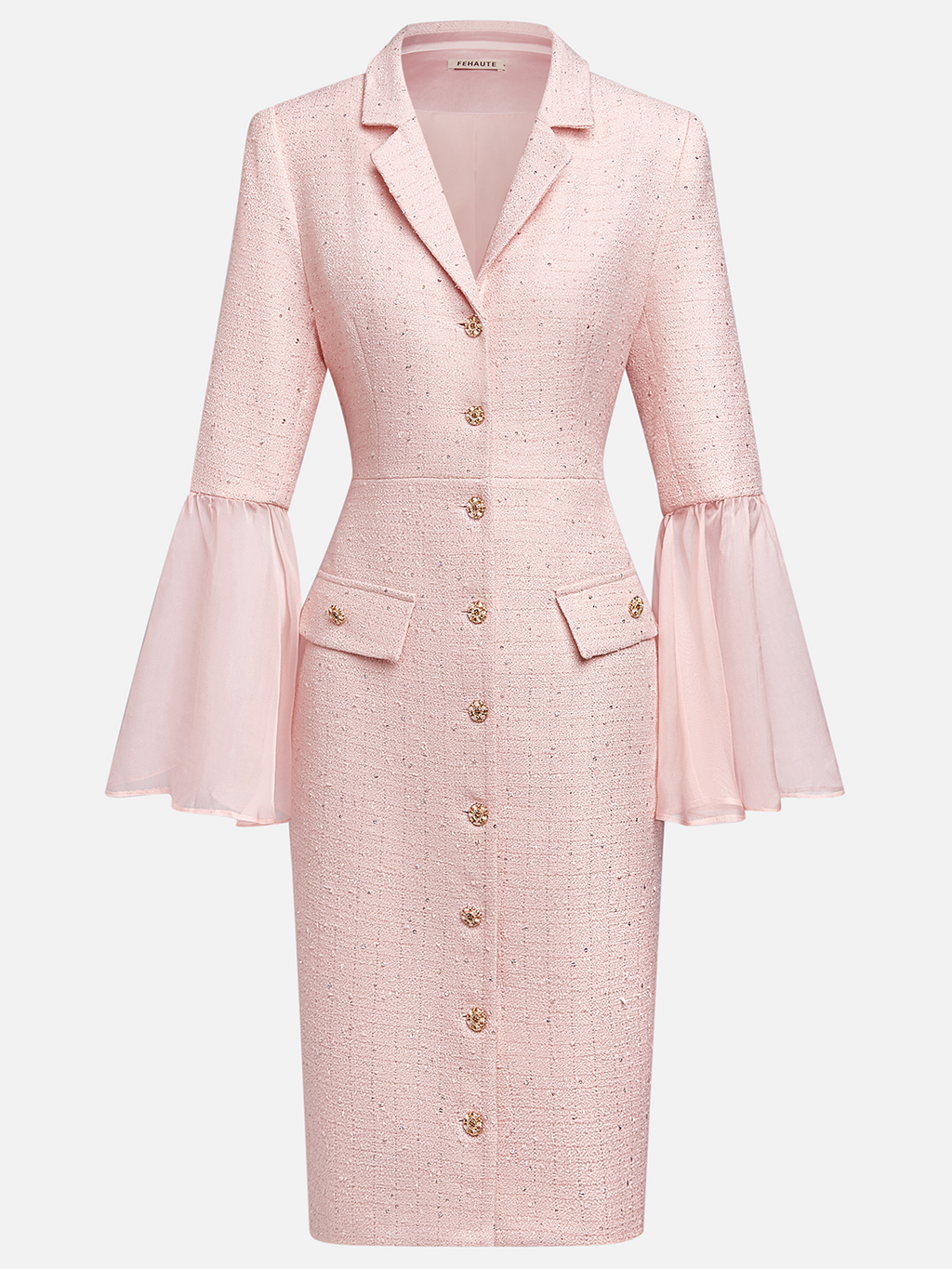 Light Pink Buckle Mesh Tweed Lapel Collar Long Sleeve Bell Sleeve Sheath Midi Dress