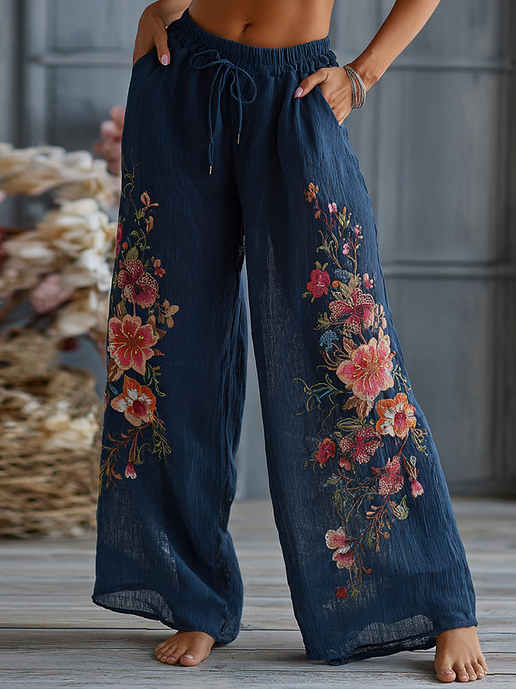 Women's Boho Floral Pattern Linen Pants