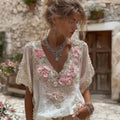 Women's Pink Flower Embroidered Art V-neck Short Sleeve T-shirt