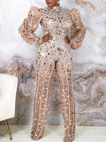 Round-Neck Sequined Puff Long Sleeve Empire Straight Leg Jumpsuits