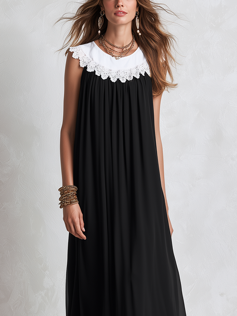 Bohemian Lace And Chiffon Color Block Maxi Dress