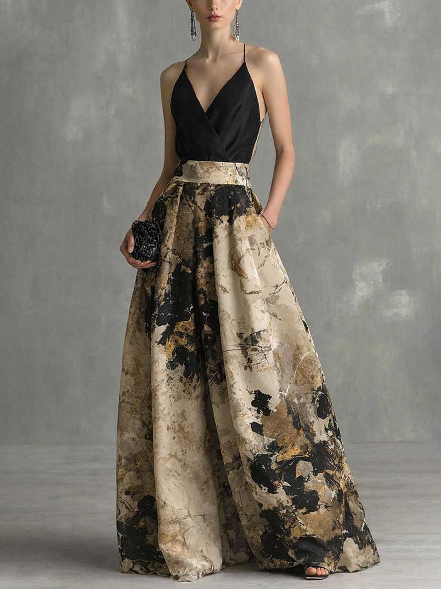Women's Elegant Black And Beige Abstract Print V-Neck Spaghetti Strap Maxi Dress MDZ1483B2BA