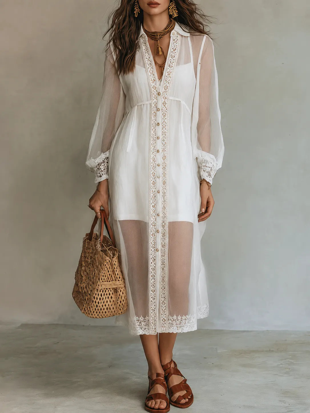 Elegant Vacation Pearl White Button-Front Lace Midi Dress