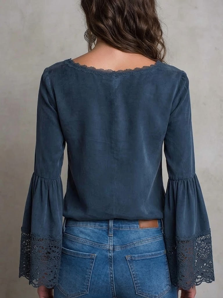 Bohemian Patchwork Lace-trimmed U-neck Cotton Shirt