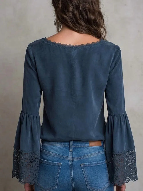 Bohemian Patchwork Lace-trimmed U-neck Cotton Shirt