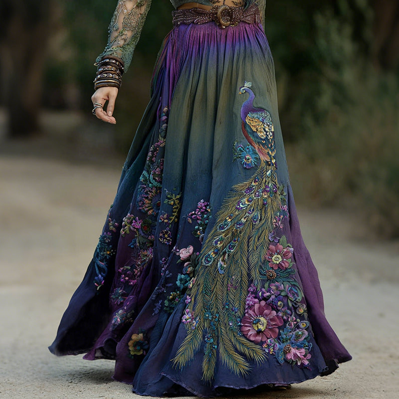 Vintage Classy Gradient Peacock And Floral Embroidered Art Linen Blend Casual Skirt