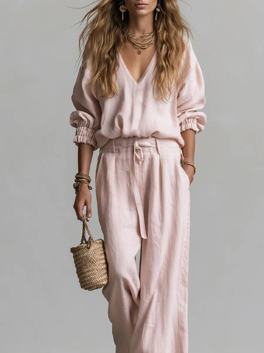Bohemian Pink Linen Pants Suit
