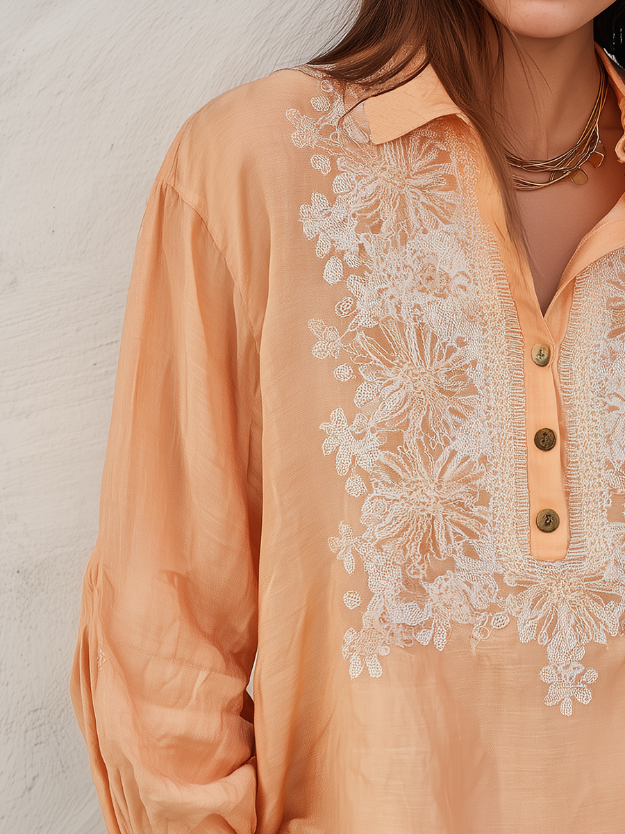 Graceful Apricot Floral Embroidered Blouse