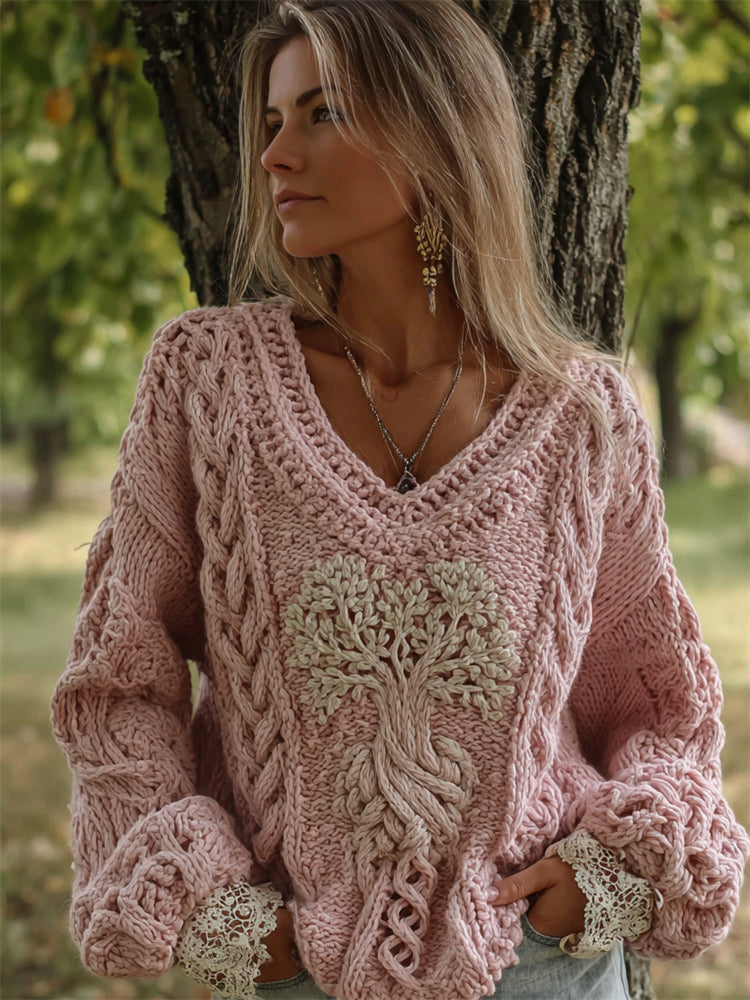 Vintage Pink Tree Of Life V Neck Cozy Cable Knit Sweater