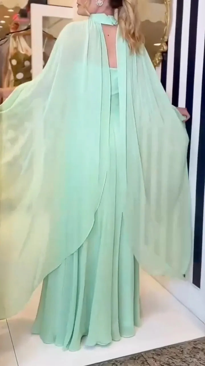 Mint Green Chiffon Strapless Maxi Dress with Cape