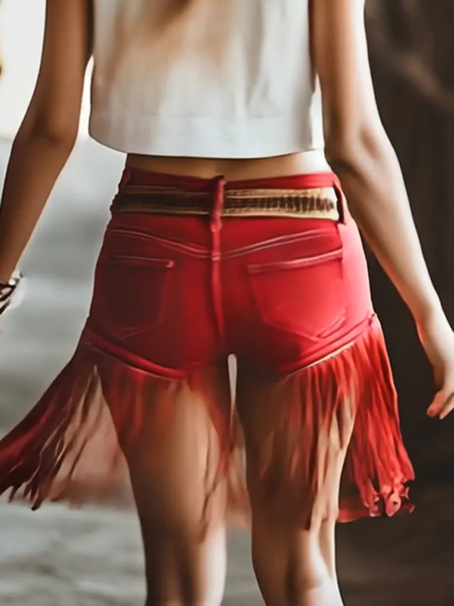 [24-hour shipping out]Western Vintage Red Tassel Shorts