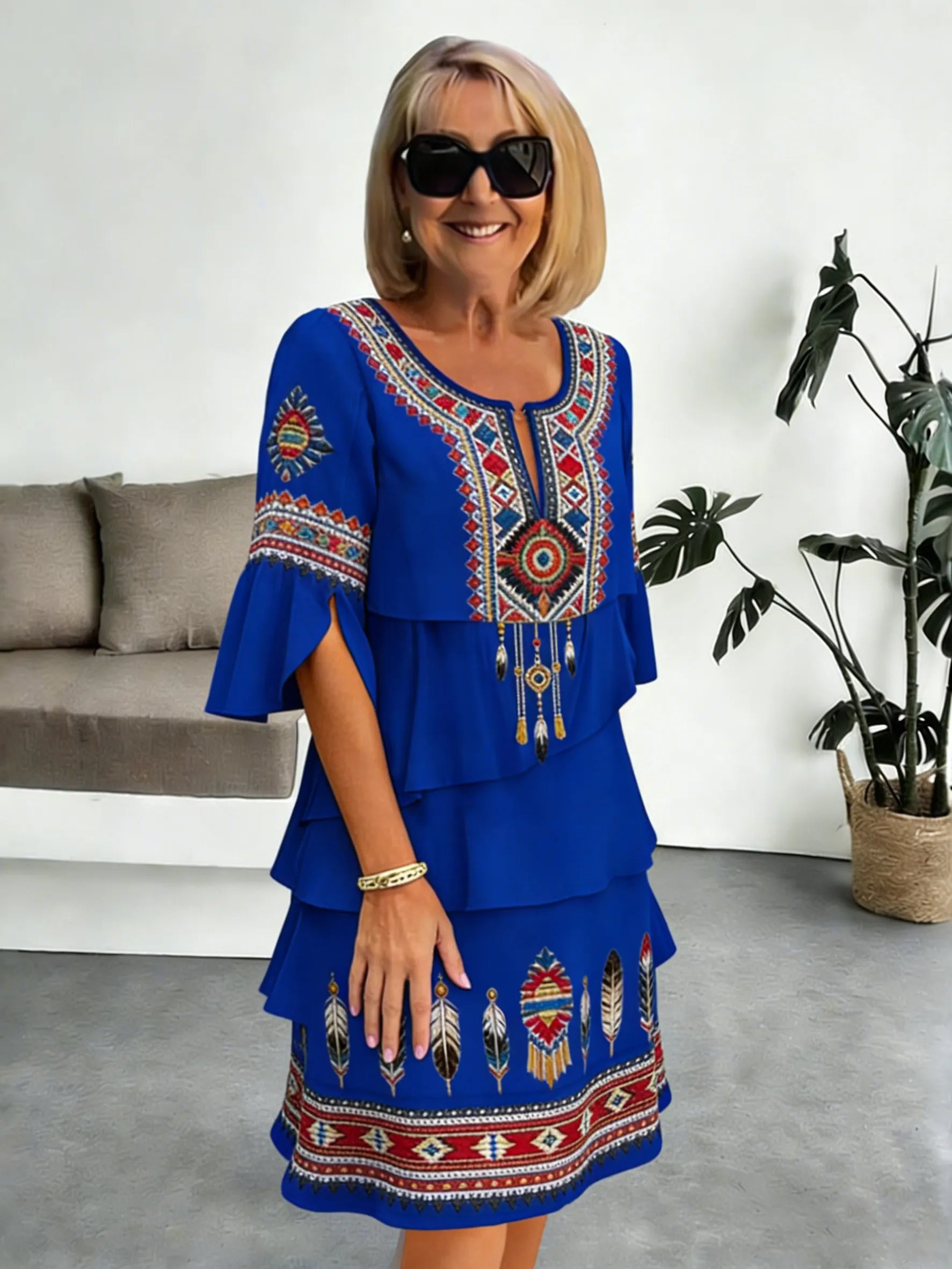 Chiffon Vacation Prints Color Round Neck Cake Skirt Splicing Dress Mid-length