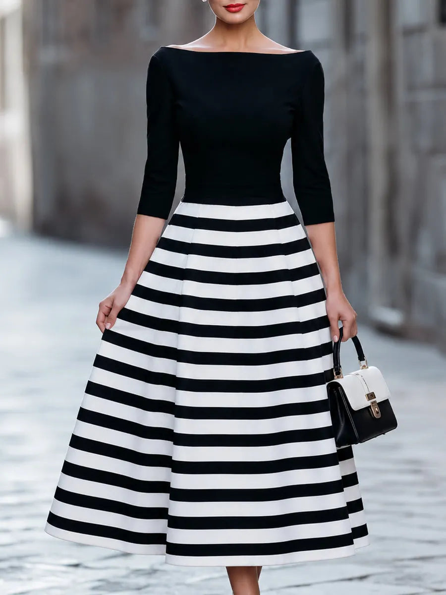 Black And White Striped Boat Neck Midi Dress