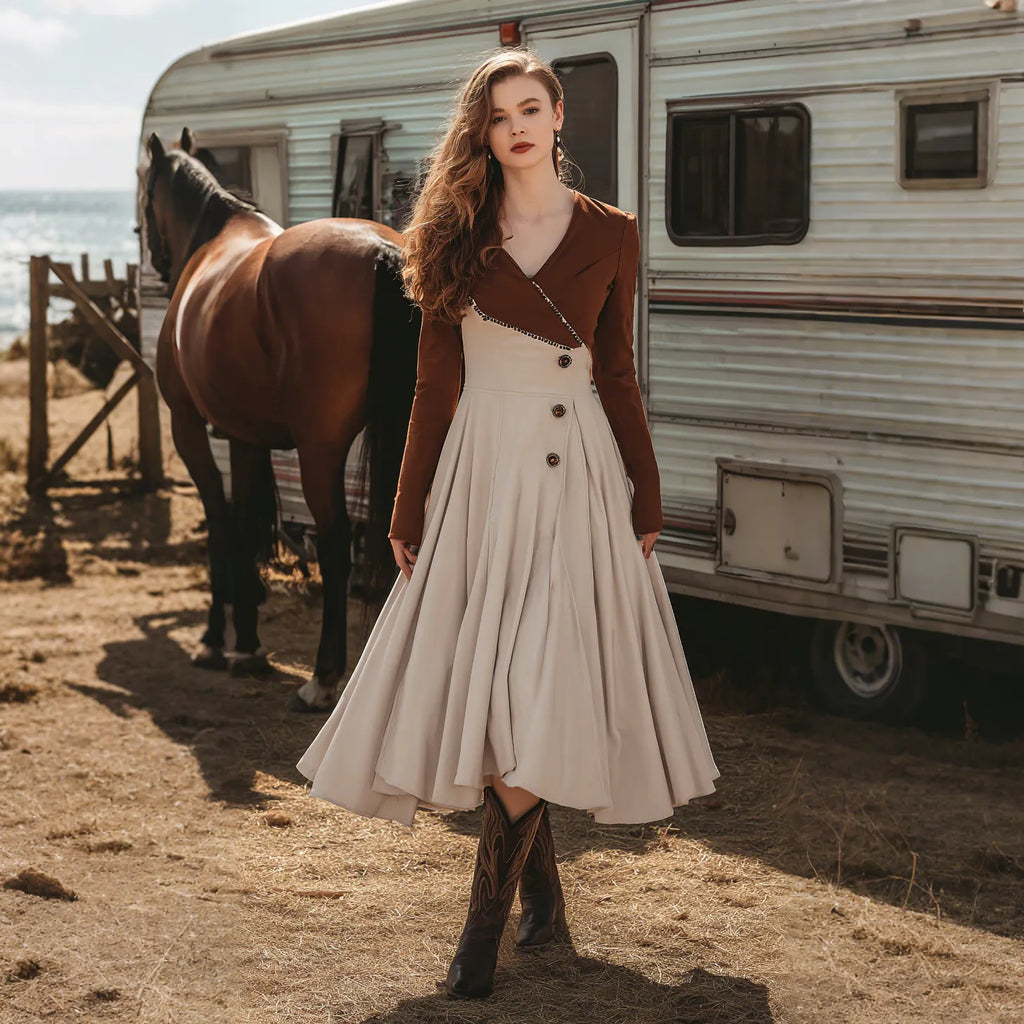 Women's Retro Western Style Contrast Color Stitching V-Neck Long Sleeve Dress