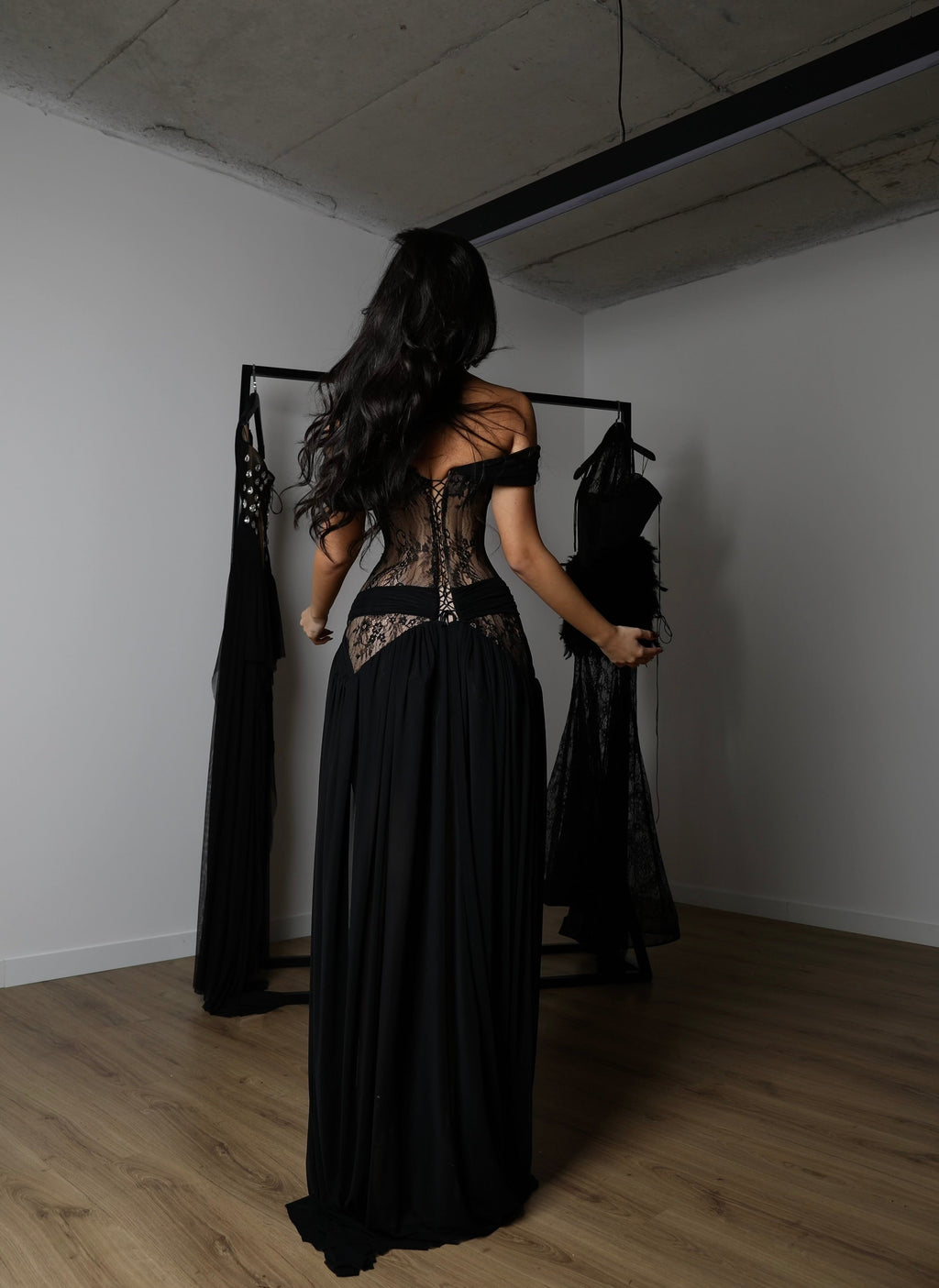 Off-Shoulder Lace & Chiffon Maxi Dress