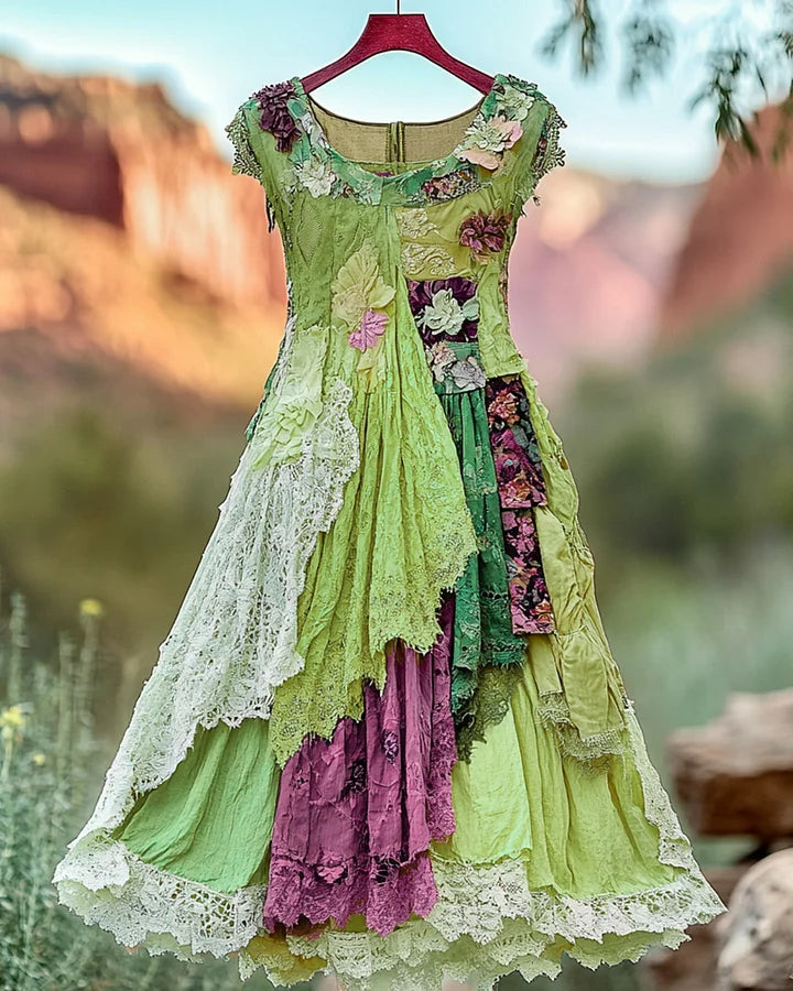 Vintage Floral Embroidered Lace Patchwork Dress b034