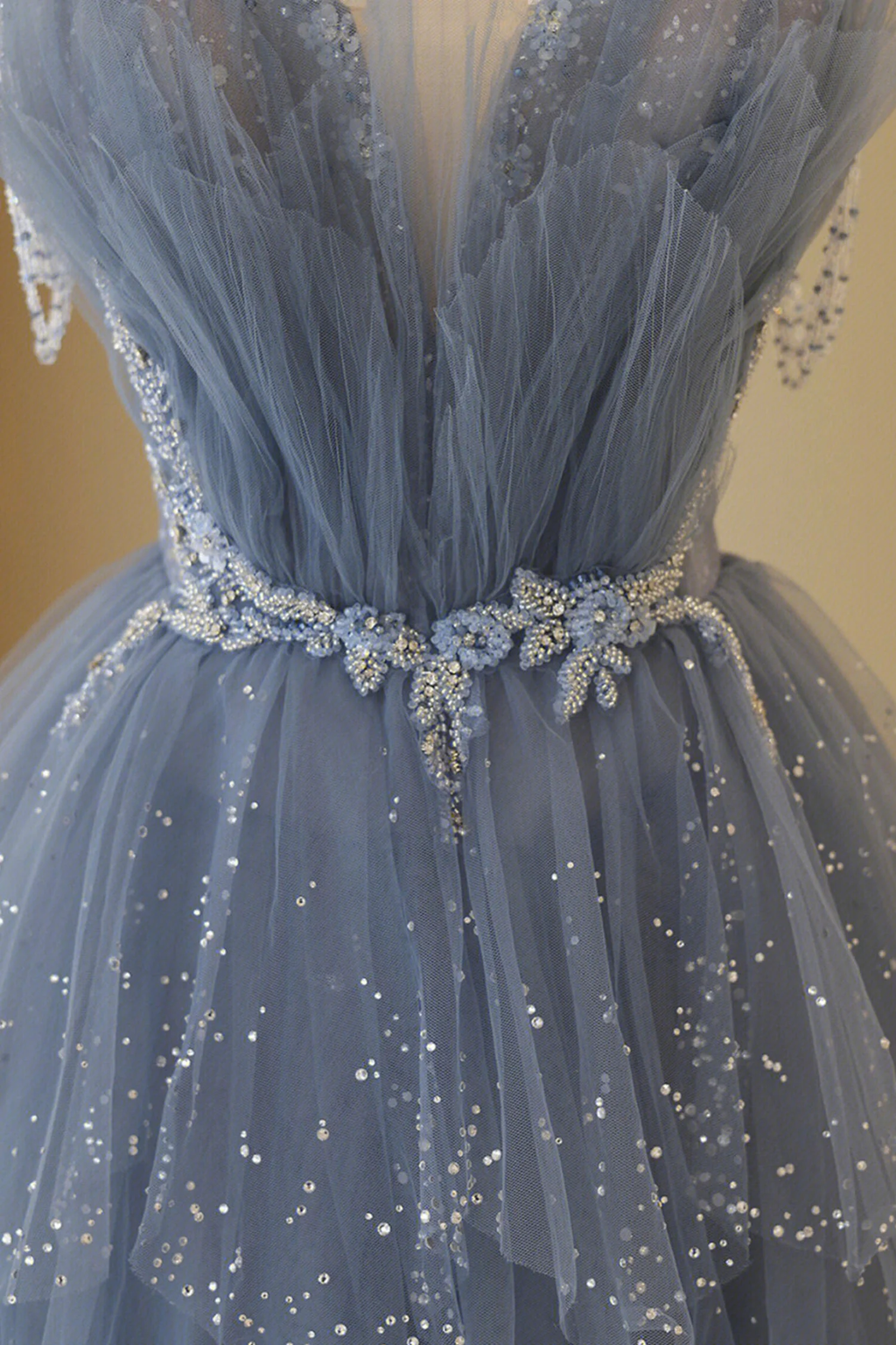 Blue Tulle Layers Straps Beaded Long Prom Dress, Blue A-Line Evening Dress     24964