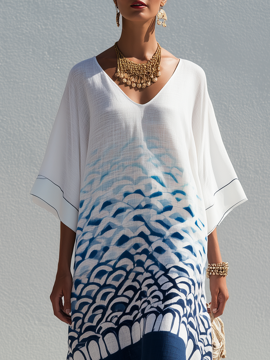 Bohemian Style White And Blue Gradient Kaftan Dress