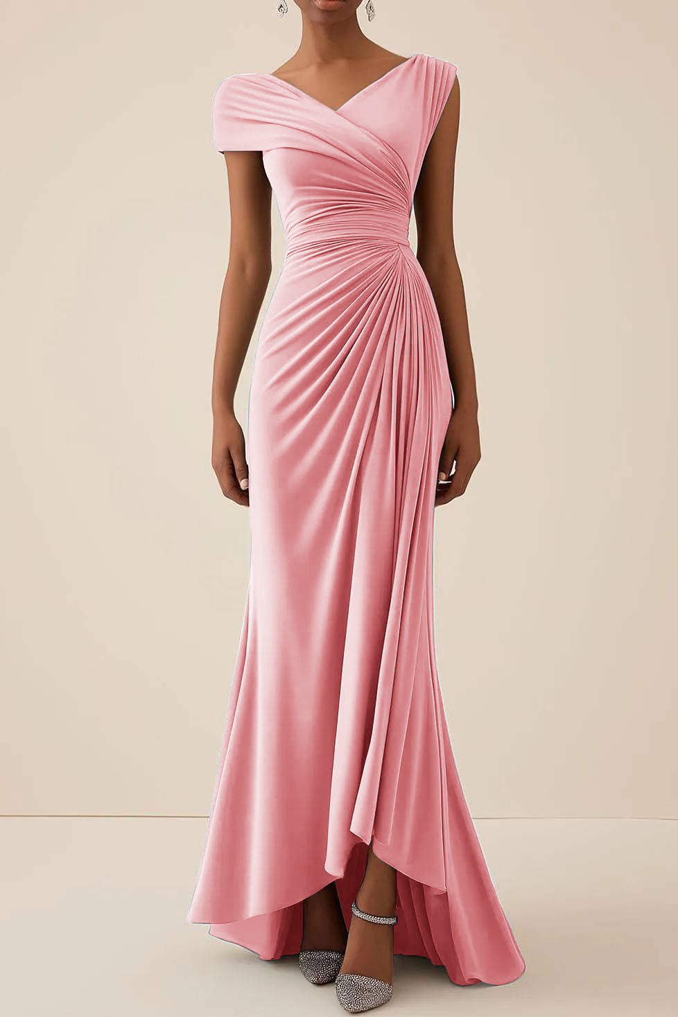 Wedding Guest Party Dress Blue Ruched V Neck Maxi Dress