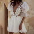 Short Wedding Dress V-Neck Half Sleeves Pearls Flowers Mini Bride