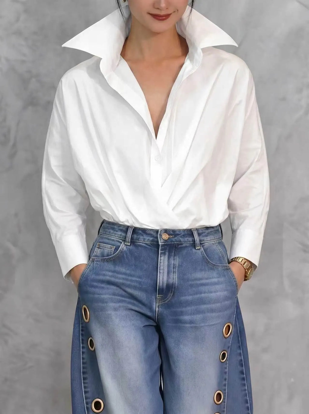 Batwing Sleeves Long Sleeves Buttoned Solid Color Lapel Blouses&Shirts Tops