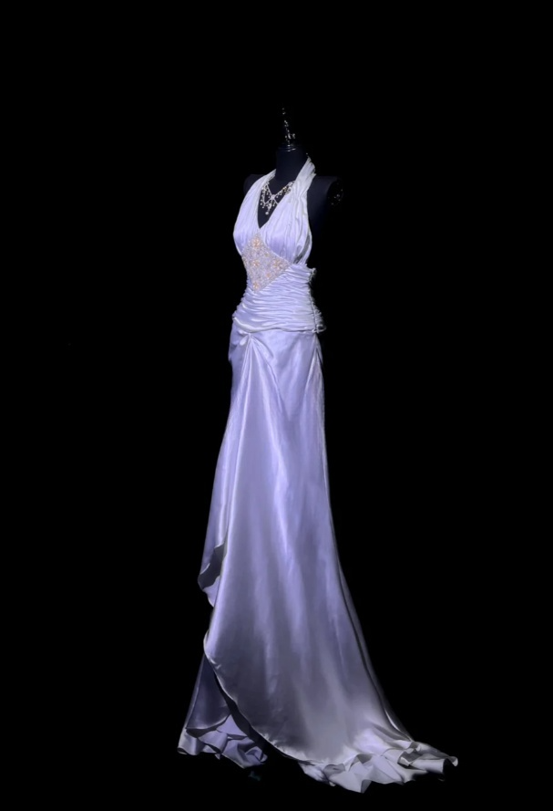 Elegant Halter Sheath Long Prom Dresses Satin Purple Party Dresses Sleeveless Evening Dresses with Open Back
