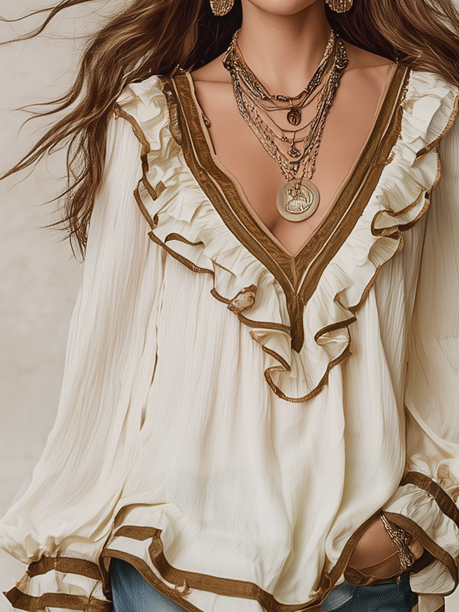 Elegant Vacation Vintage-Inspired Lace Trim Ruffle Blouse