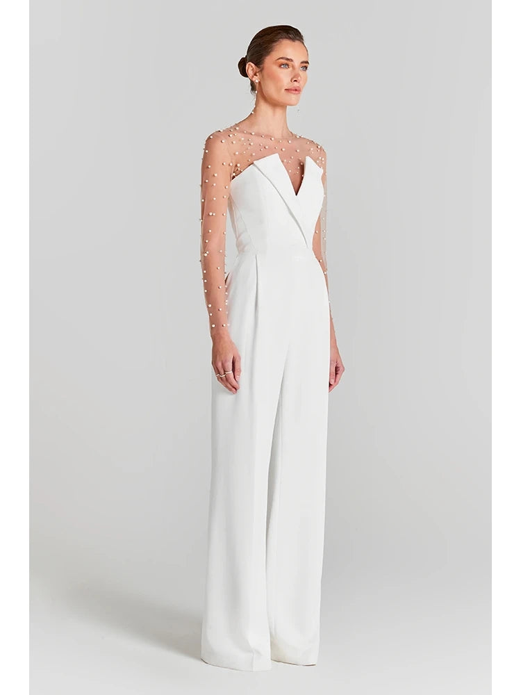 Trend4us Pearl Mesh Bodysuit and White Jumpsuit Set