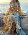 Summer Floral Embroidered Lace Patchwork Gradient Ruffle Dress 2845