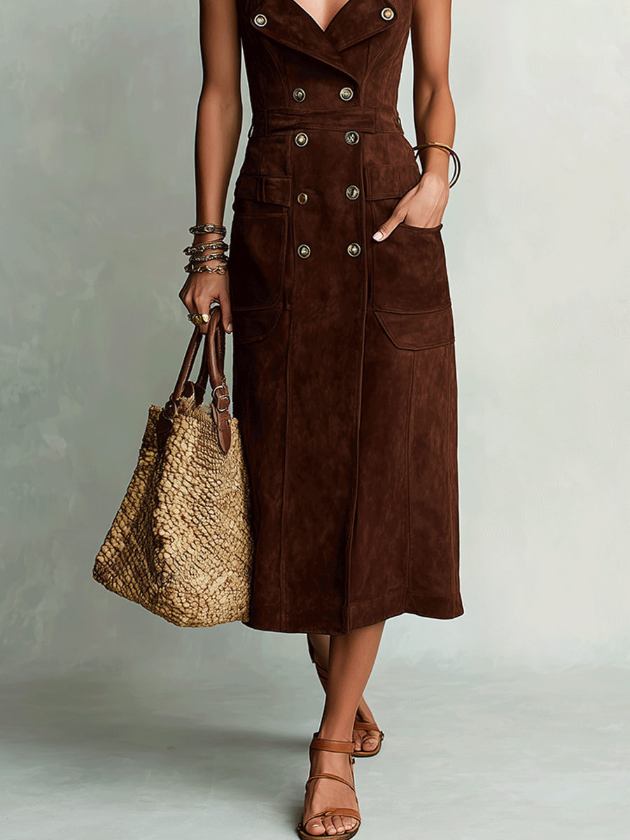 Elegant Vacation Chocolate Brown Tailored Utility Midi Dress