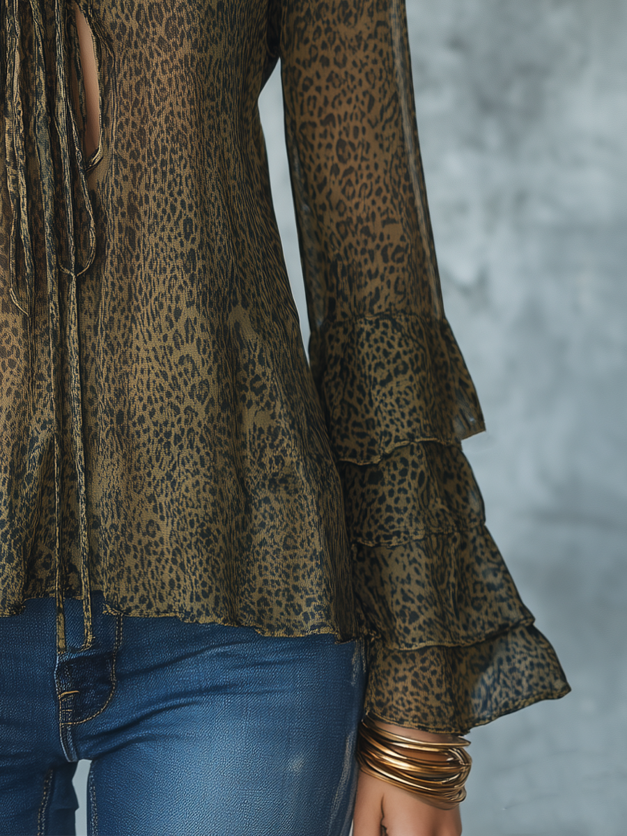 Elegant Olive Leopard Ruffle Sleeve Blouse