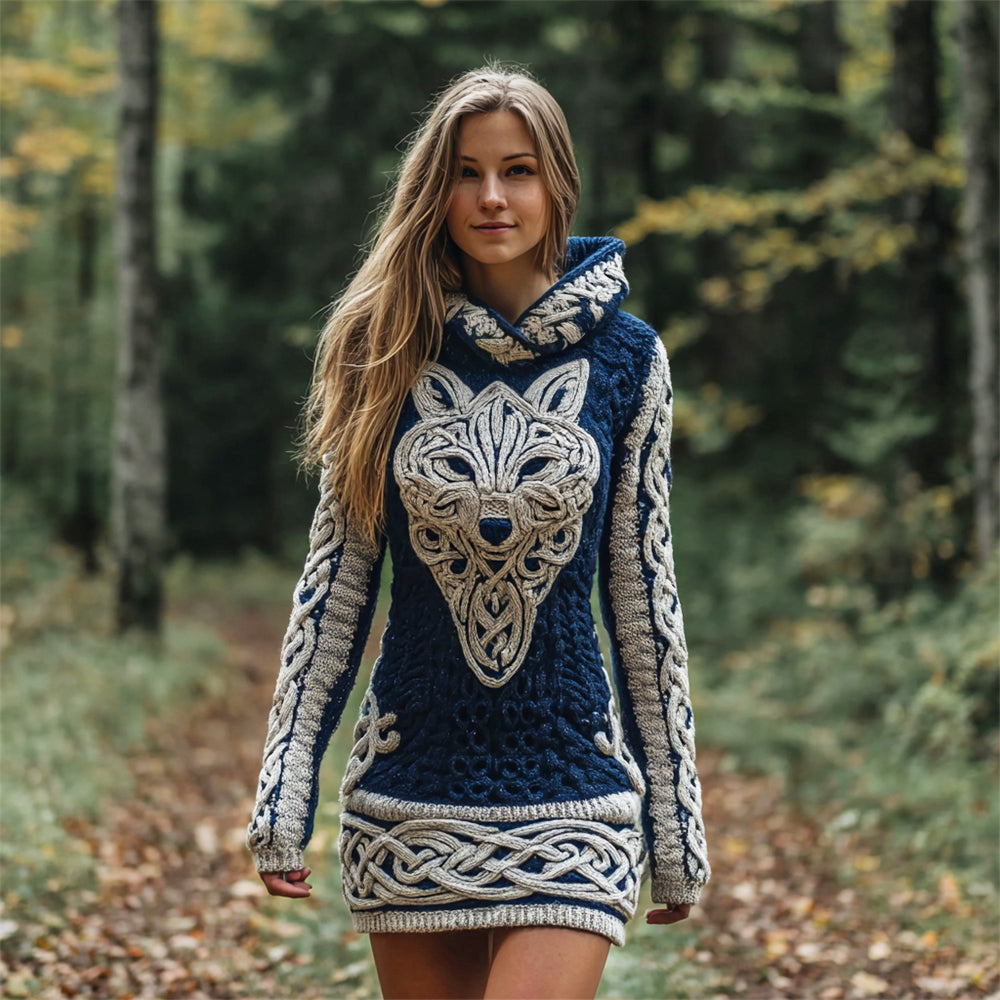 Viking Wolf Totem Women's Knit Hooded Mini Dress