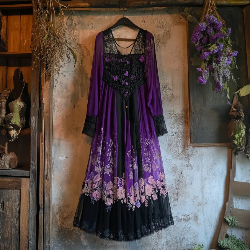 Vintage Lavender Gradient Lace Art Linen V Neck Maxi Dress