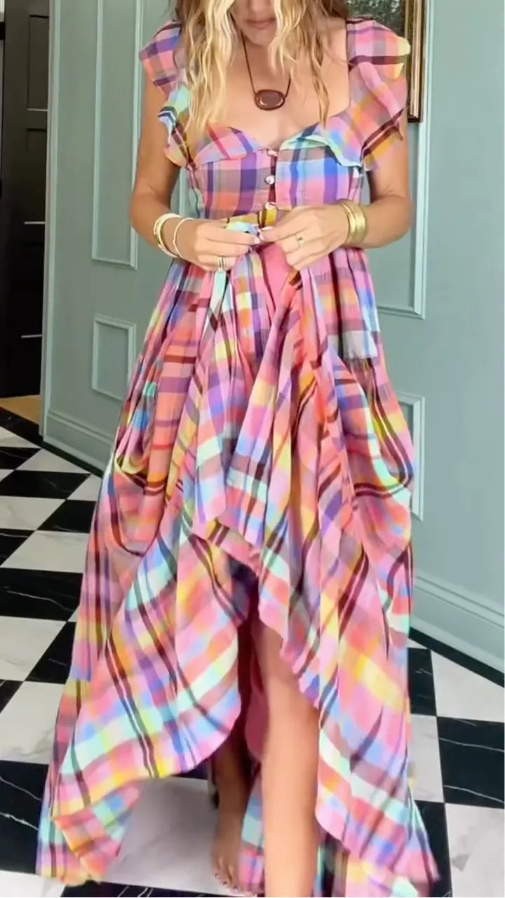 Colorful Plaid Ruffle Flutter Sleeve Square Neck Tiered Maxi Dress