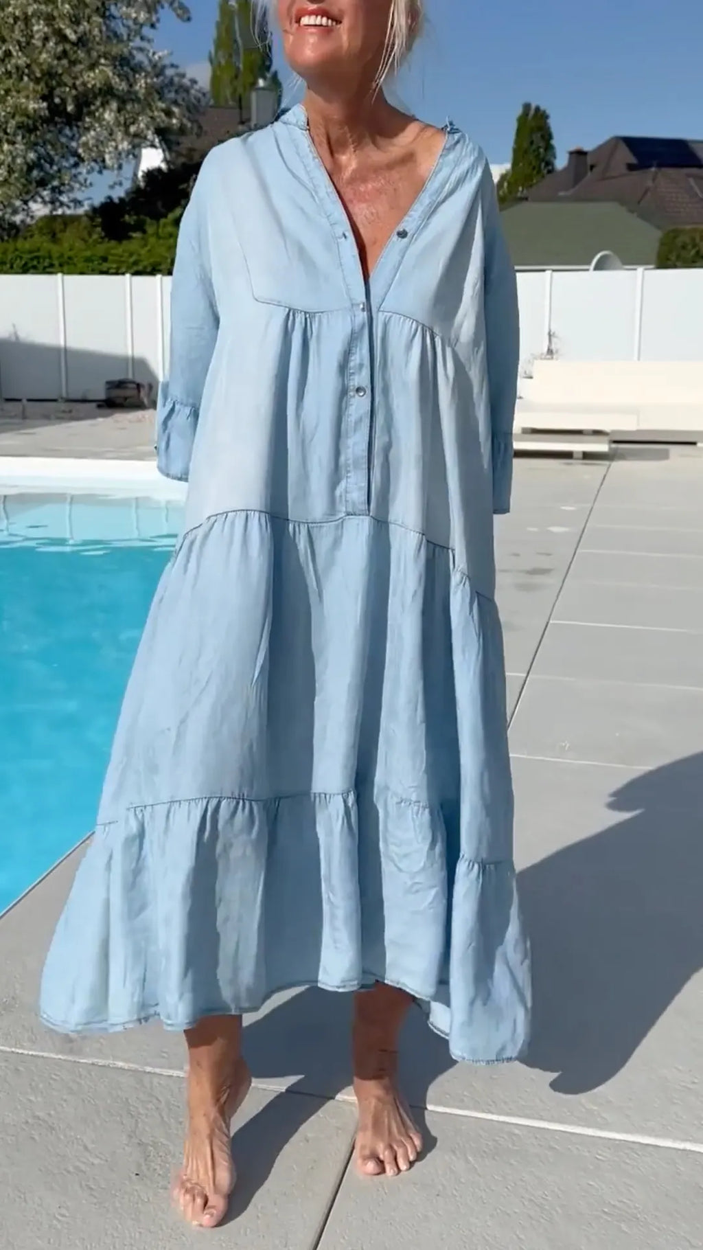 Light Wash Button‑Front Tiered Denim Maxi Dress
