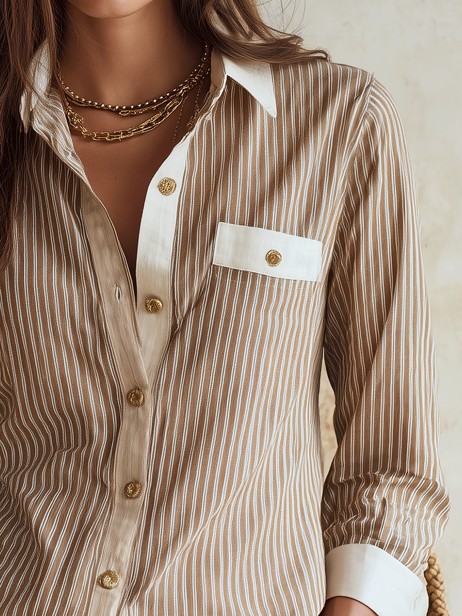 Effortless Coastal Elegance Neutral Stripe Cotton Blend Blouse